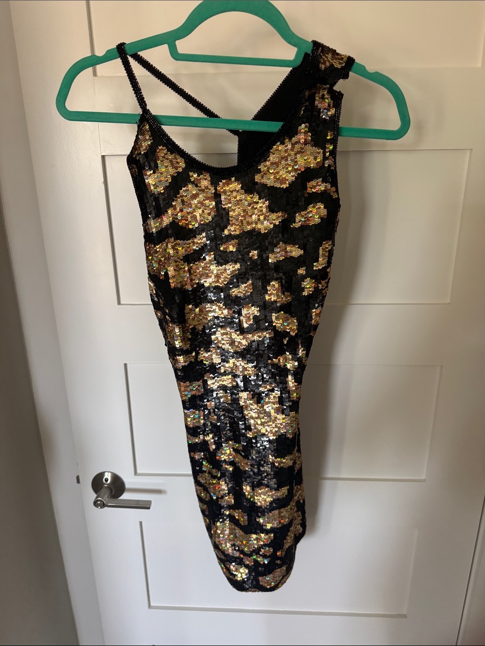 Black & Gold Sequin One-Shoulder Dress. Very short mini